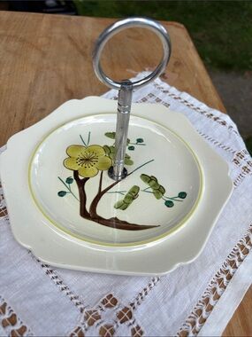 Redwing Pottery Plum Blossom - yellow and green tidbit serving plate MCM